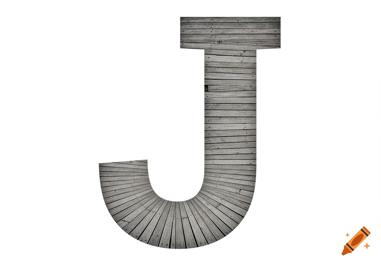 Letter J formed by a path of weathered gray wooden planks, on a white background.