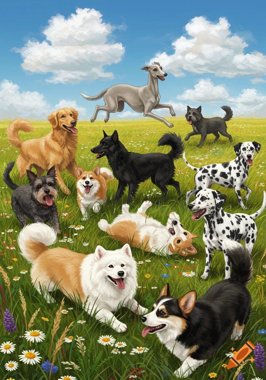 A diverse group of happy dogs playing in a sunny, green meadow filled with wildflowers under a blue sky.