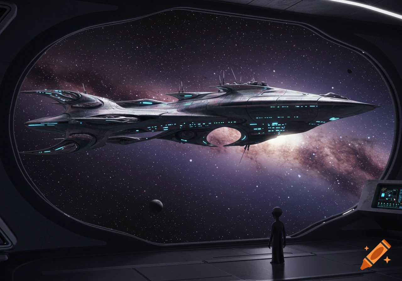 An alien looks out a spaceship window at a large, futuristic spacecraft floating in a starry galaxy.
