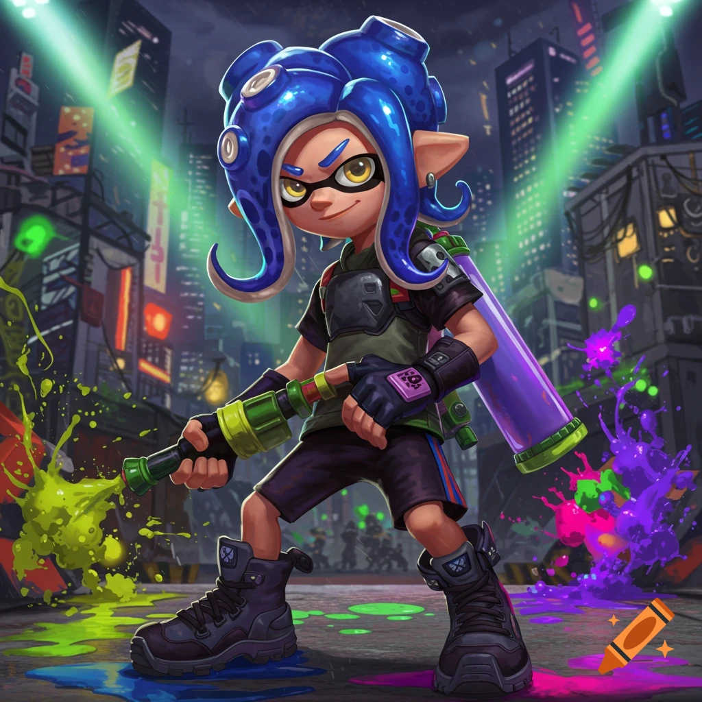A blue-haired Octoling from Splatoon holds an ink gun in a neon-lit city, surrounded by splashes of colorful ink.