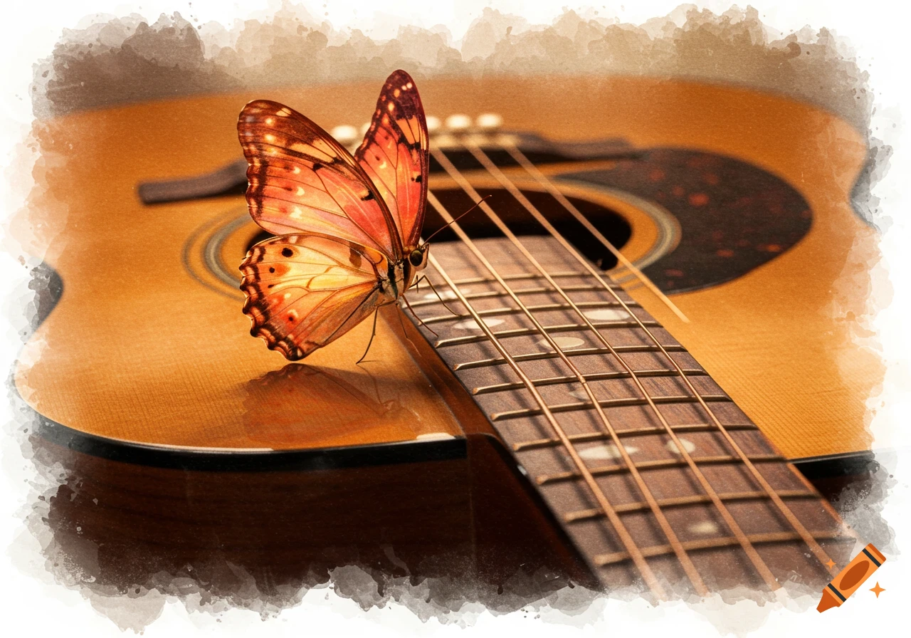 A vibrant orange butterfly rests on the fretboard of an acoustic guitar, rendered in a warm-toned watercolor style.