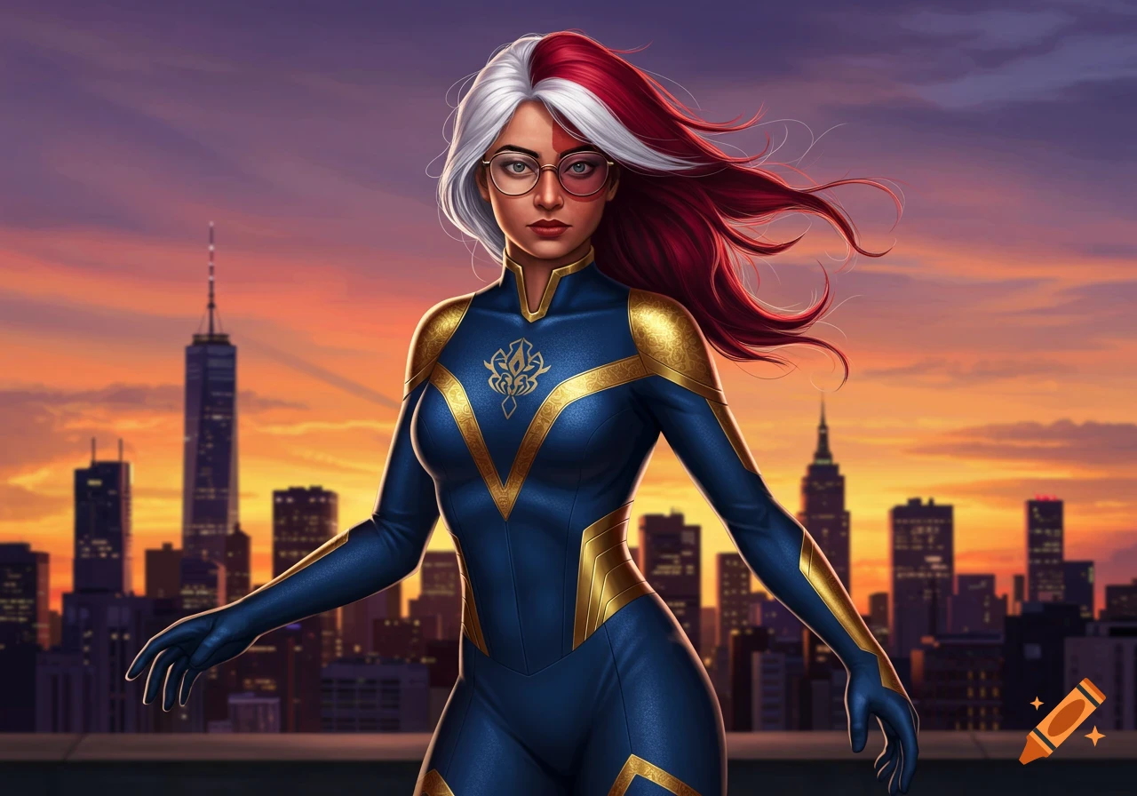 An Indian female superhero with white and red hair and glasses in a blue and gold suit stands against a city skyline at sunset, comic art style.