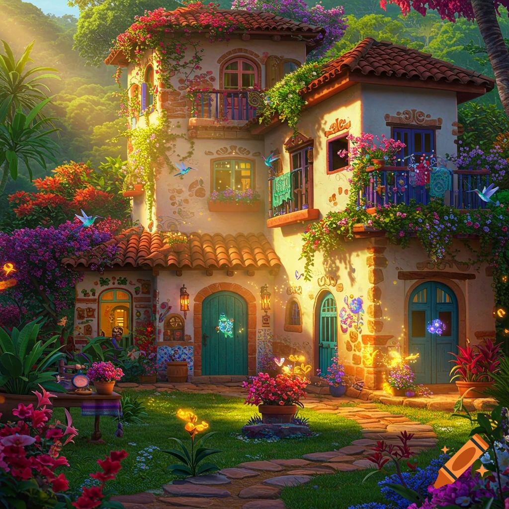 A magical, colorful house inspired by Encanto, covered in blooming flowers and vines, surrounded by a lush garden with sparkling lights.