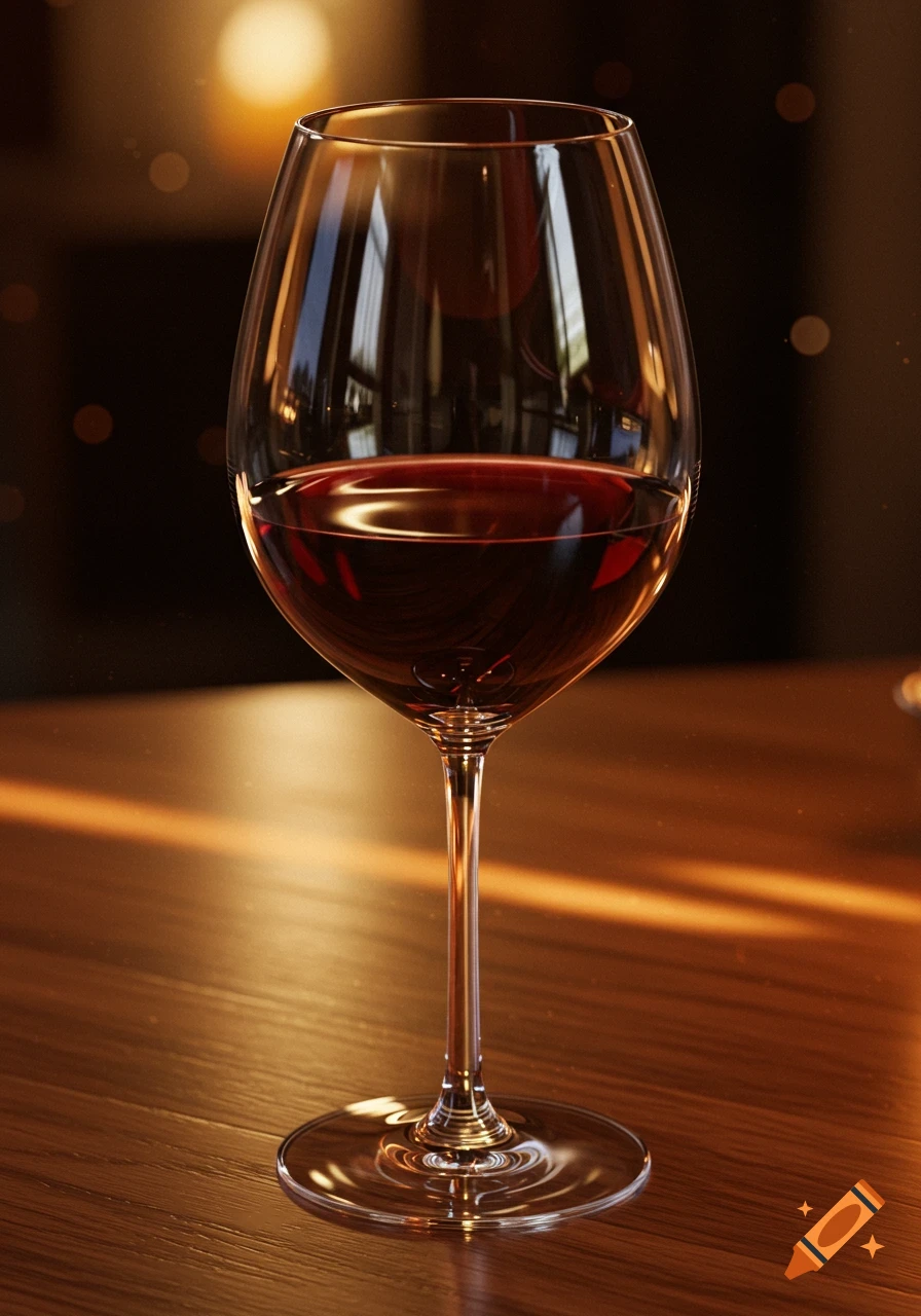 A photorealistic close-up of a wine glass filled with red wine, standing on a wooden table with warm lighting.