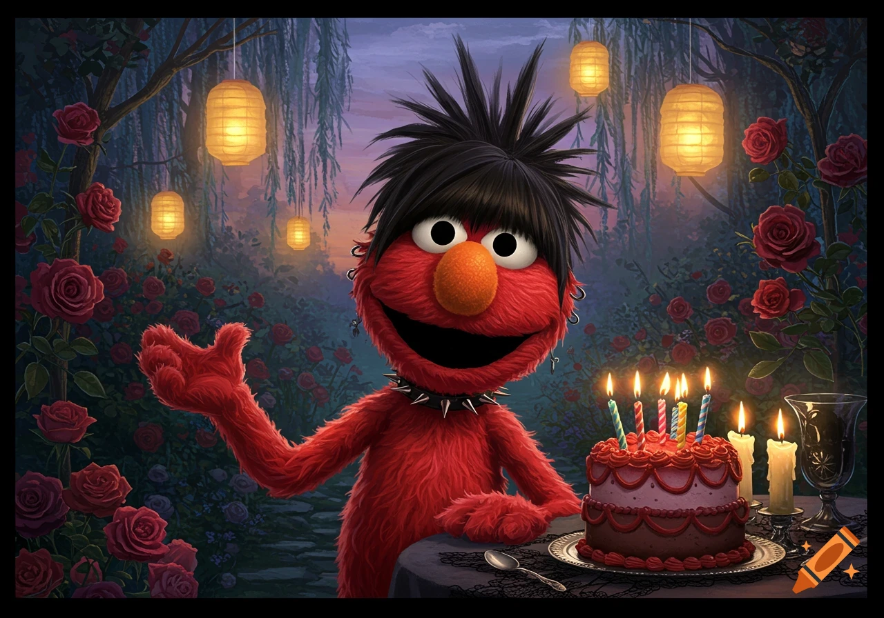 Emo Elmo with black spiky hair and piercings celebrates a birthday in a rose garden with glowing lanterns and a cake.