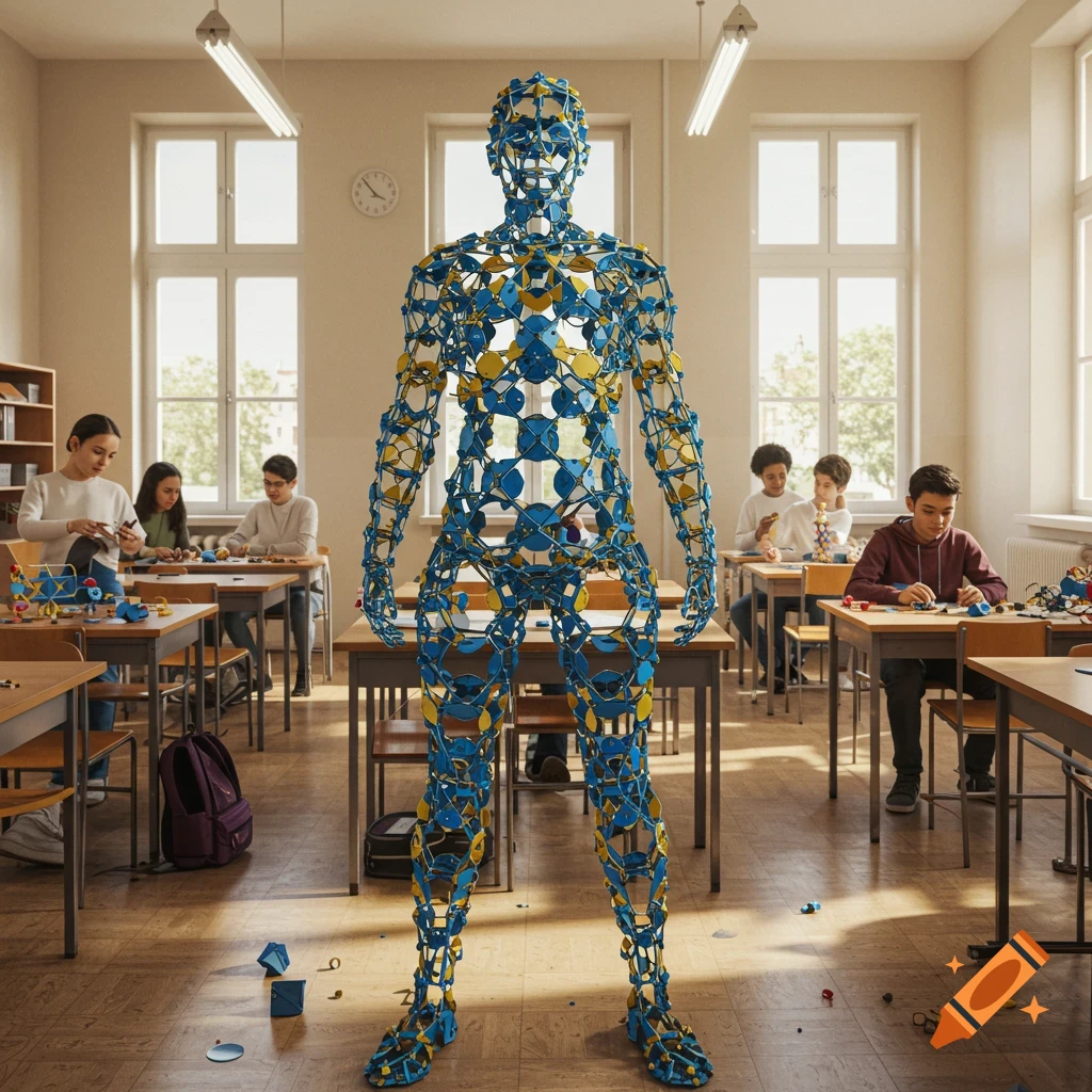 Photorealistic image of a giant humanoid figure made of blue and yellow geometric shapes in a classroom with students building creations.