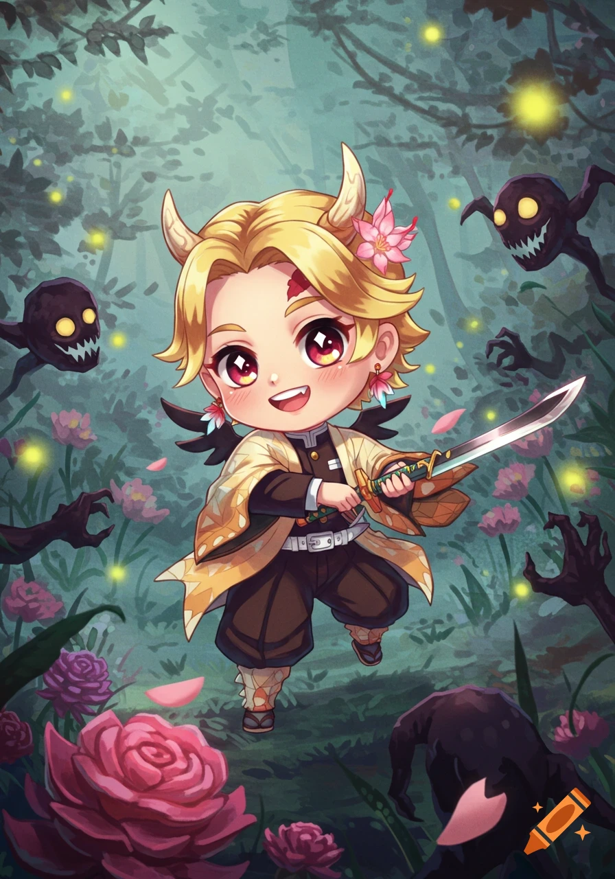 Chibi anime character with blonde hair, horns, and wings holds a sword in a magical forest with pink flowers and shadowy figures.