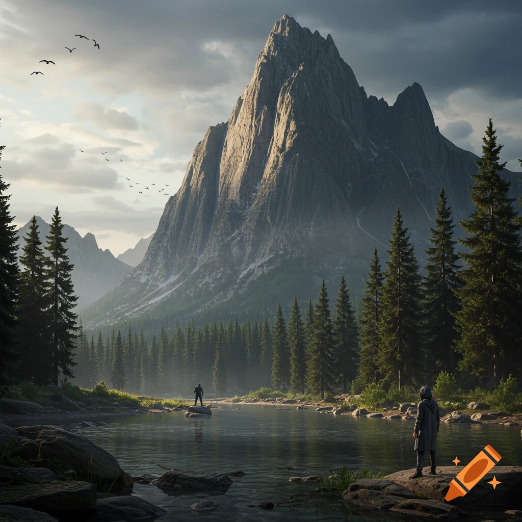 Photorealistic landscape of a rugged mountain overlooking a calm lake, surrounded by pine forests, with two figures by the water's edge.