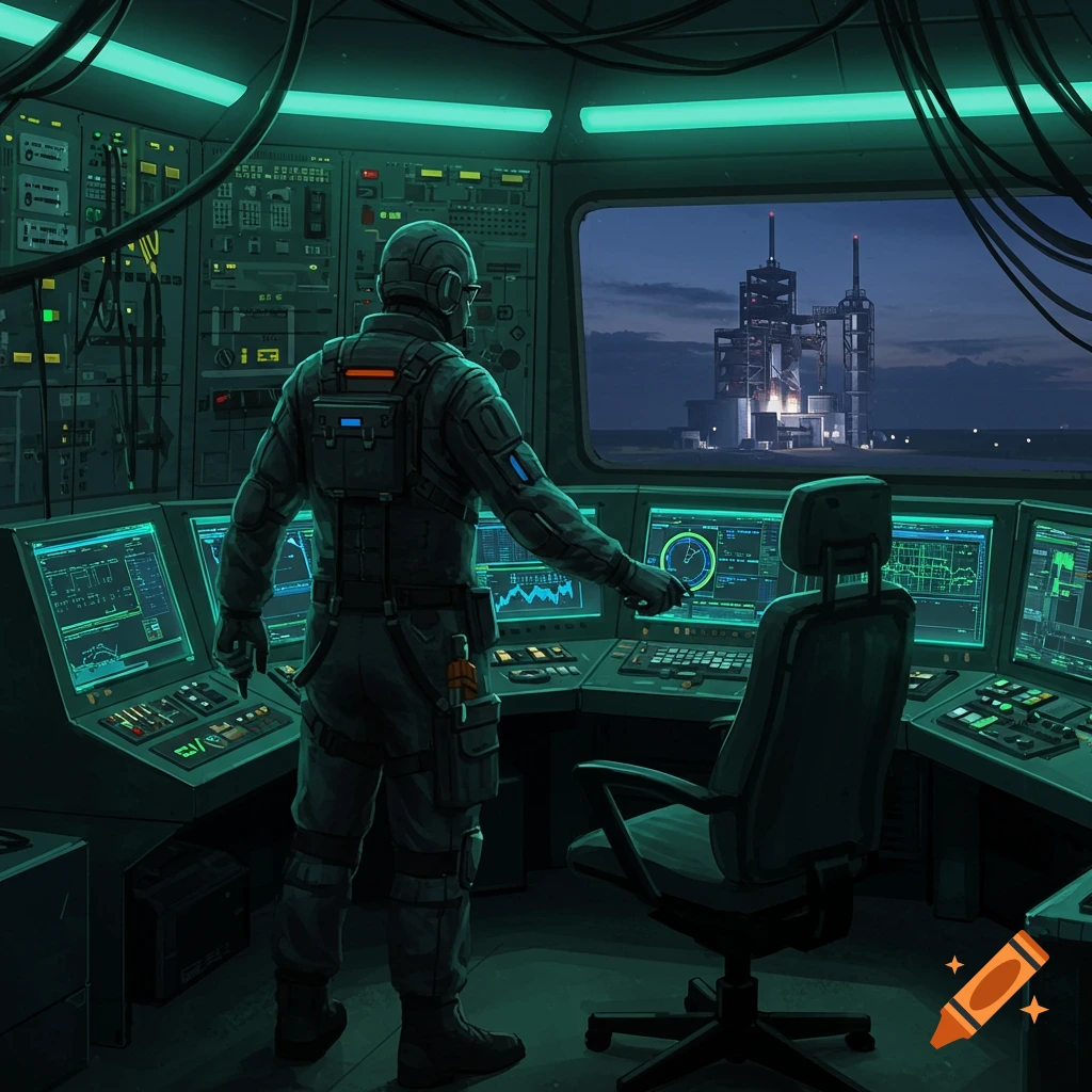 A futuristic rocket engineer in a neon-lit control room, monitoring a rocket launch pad outside, in a detailed digital art style.