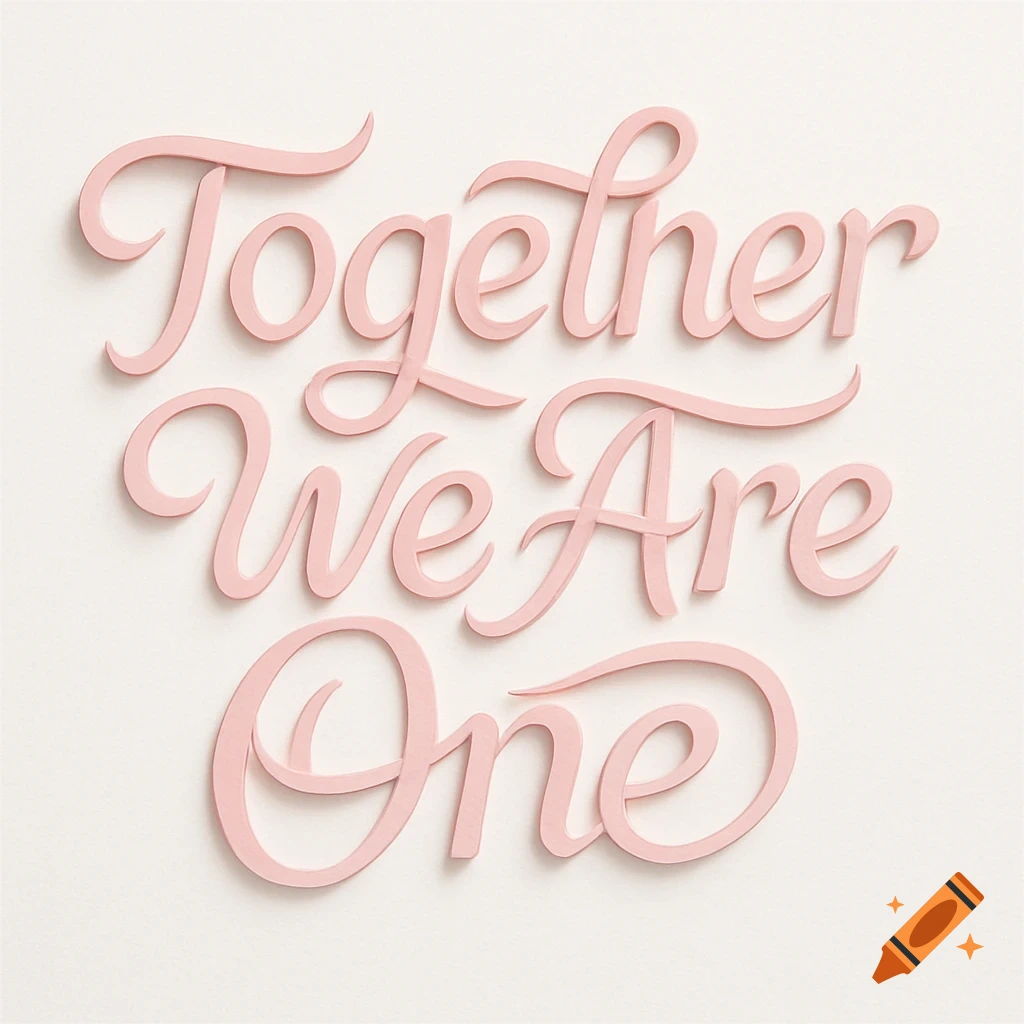 Pink 3D script lettering on a white background reads 'Together We Are One'.