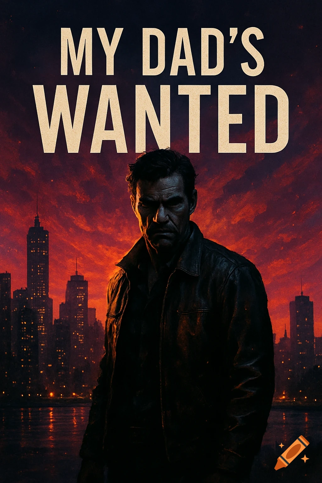 A man with a stern expression in a leather jacket stands before a dark city skyline and fiery red sky. Text reads "MY DAD'S WANTED".