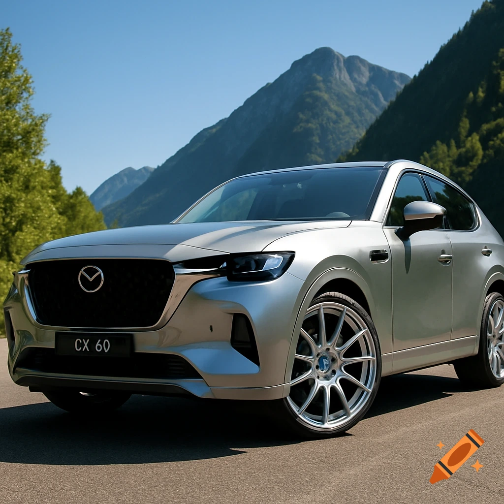 A silver Mazda CX-60 SUV is parked on an asphalt road with green mountains and a clear blue sky in the background.