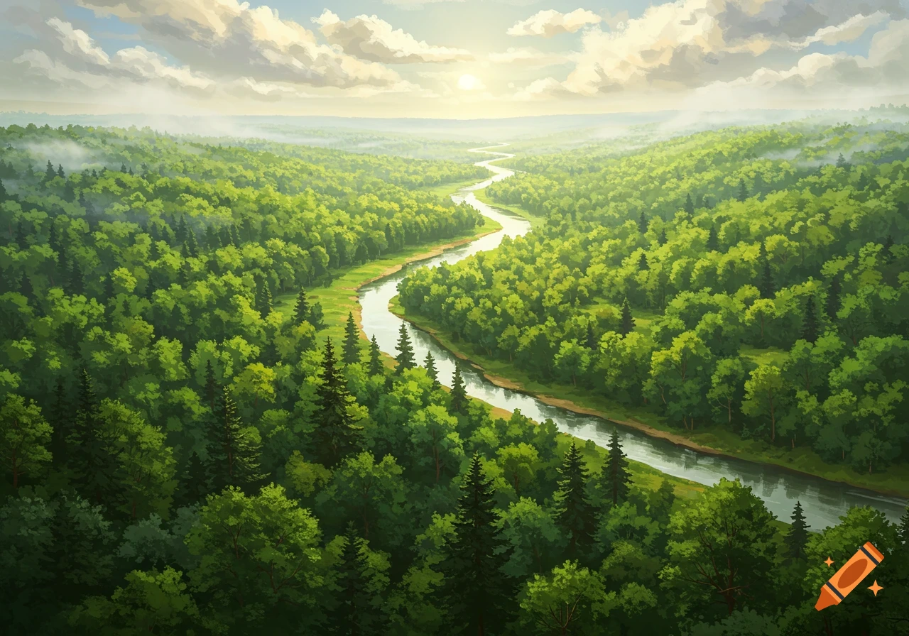 Aerial view of a winding river through a vibrant green forest under a partly cloudy sky with bright sunlight.