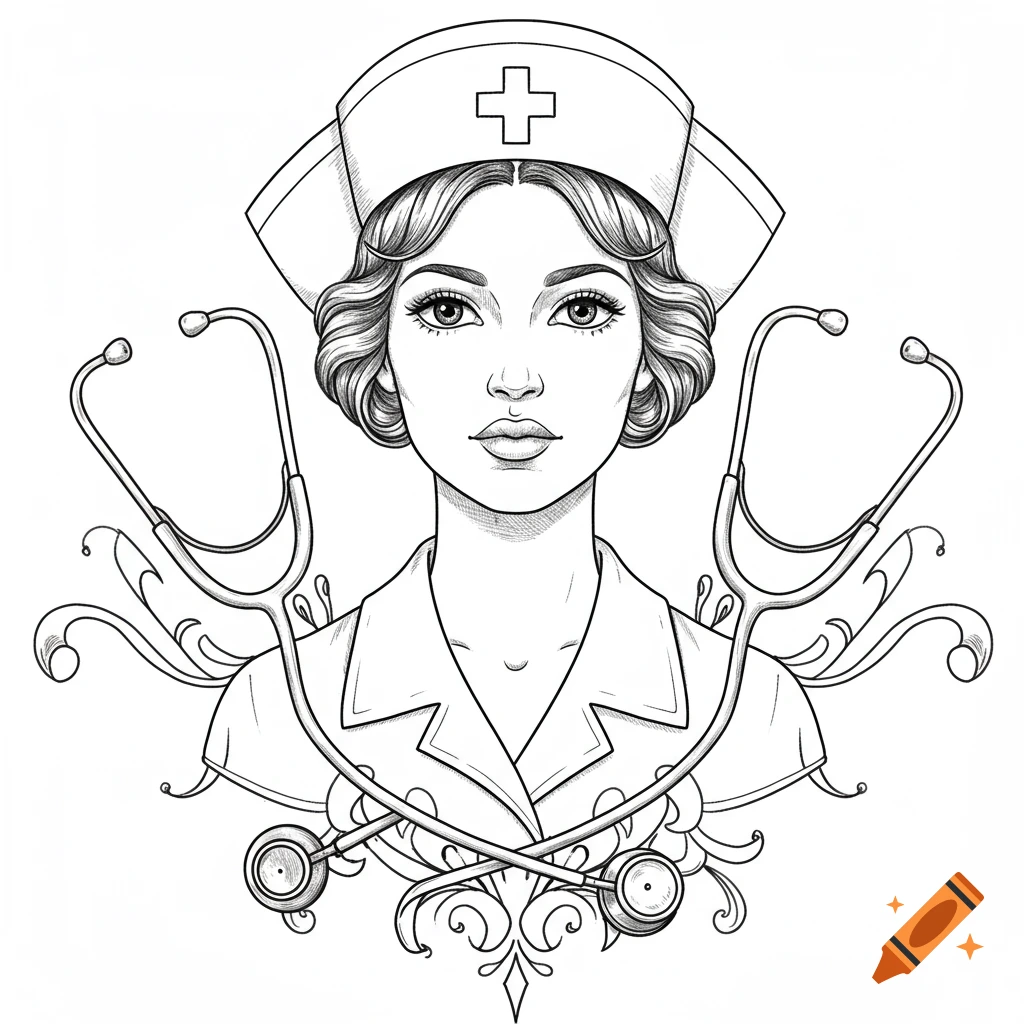 Line art drawing of a nurse with a cap and stethoscopes, surrounded by decorative scrollwork.
