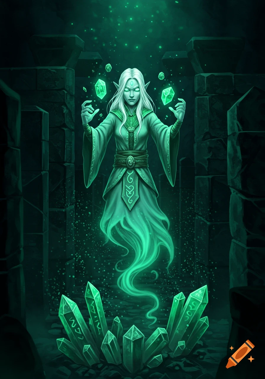 Computer animated ghostly snow-elf with white hair, green eyes, and robes, levitating green crystals in a dark labyrinth.