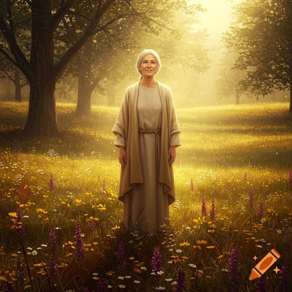 A smiling elderly woman with grey hair stands in a sunlit field with wildflowers and trees, photorealistic style.
