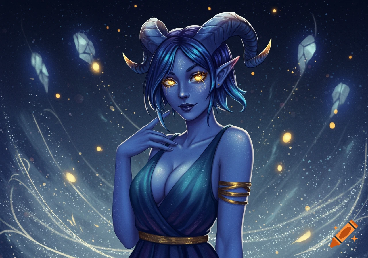 A blue-skinned tiefling woman with golden eyes and horns in a dark blue dress, surrounded by glowing magical particles.