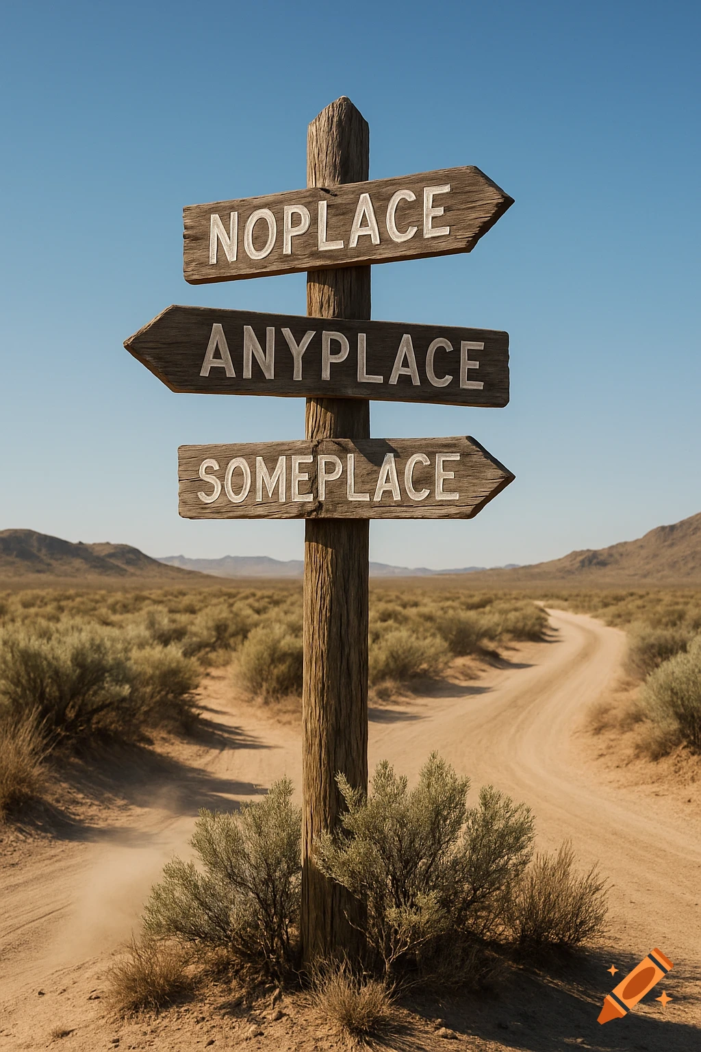 A photorealistic wooden road sign with arrows reading Noplace, Anyplace, and Someplace stands in a dusty desert landscape.