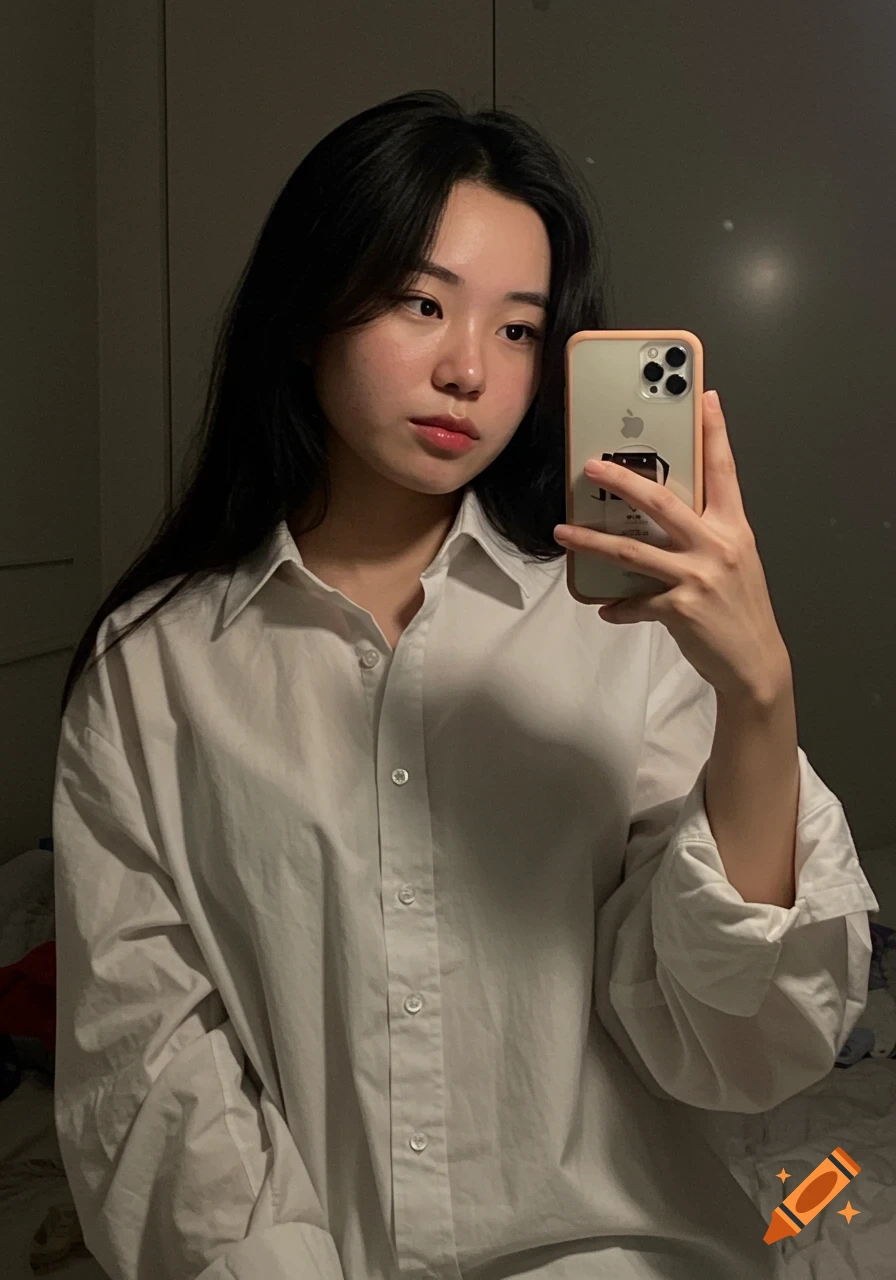 Photorealistic mirror selfie of an Asian girl in an oversized white shirt, holding a phone in a dimly lit room.