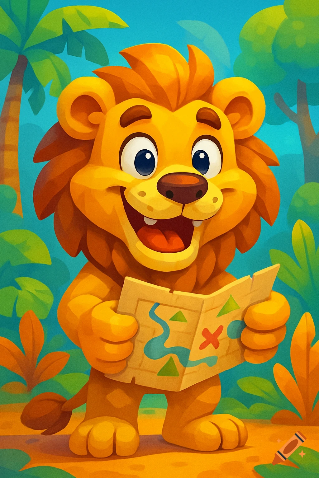 A friendly cartoon lion in a vibrant jungle holds a treasure map, smiling widely.