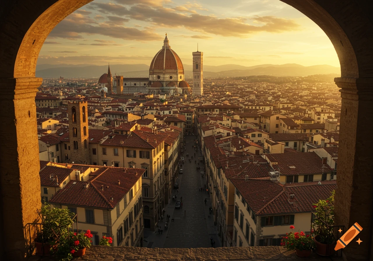 Aerial view of Florence at sunset, framed by an archway, showing the Duomo and city's terracotta rooftops.