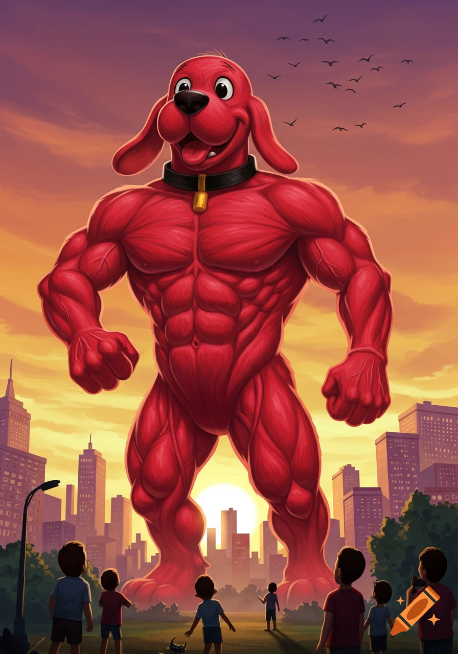 A giant, muscular red dog (Clifford) stands over a city skyline at sunset, observed by children on the ground in a stylized illustration.