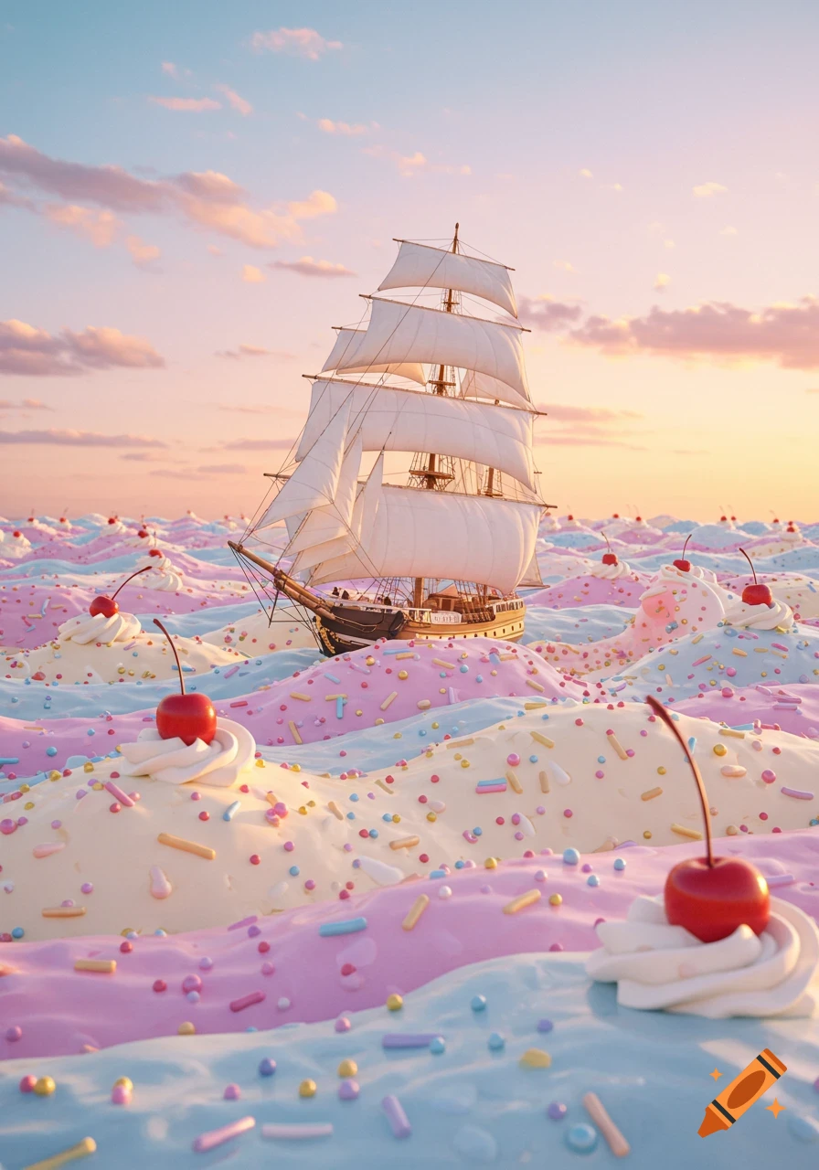 A sailing boat navigates a pastel sea of whipped frosting, sprinkles, and cherries under a sunset sky.
