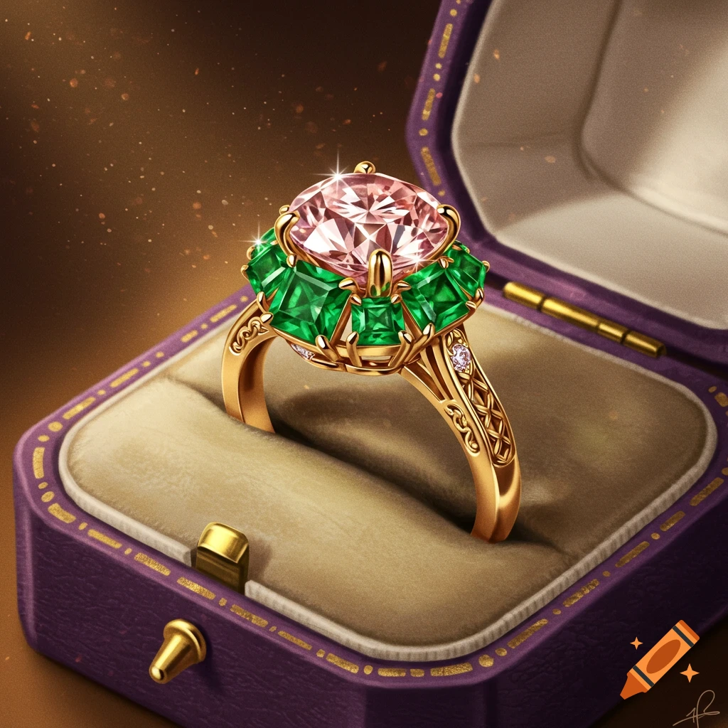 A detailed gold engagement ring with a large pink diamond surrounded by square emeralds, in a purple velvet box.
