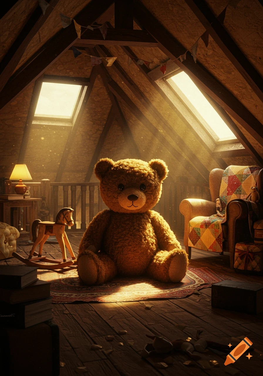 A large, brown teddy bear sits on a rug in a dusty attic, illuminated by sunlight streaming from skylights.