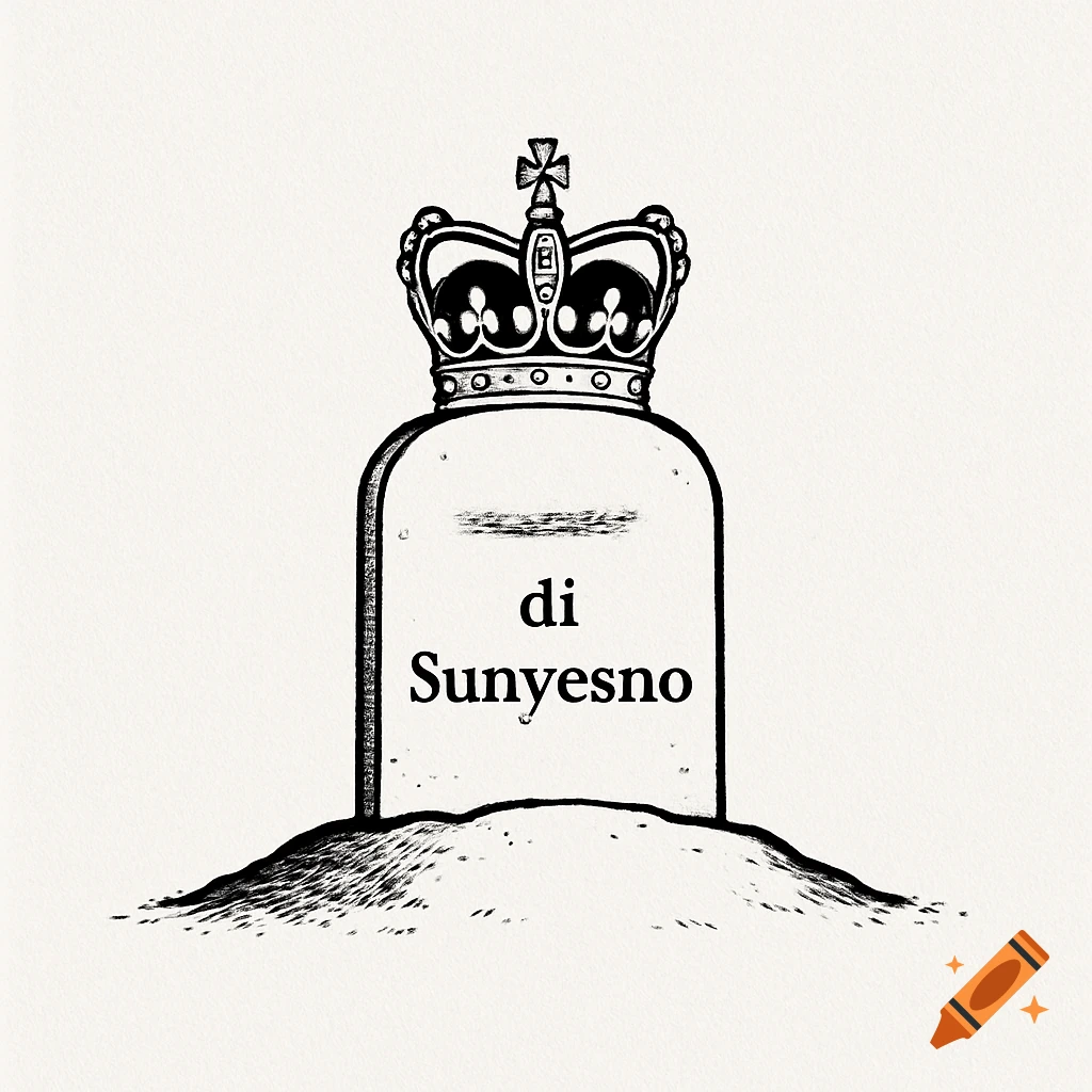 Minimalist black and white ink drawing of a gravestone with a queen's crown on top, reading 'di Sunyesno'.