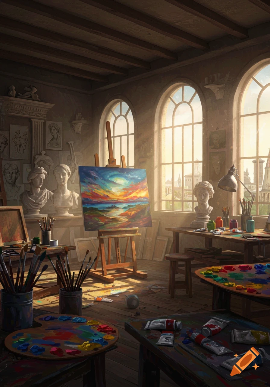 An artist's studio featuring an easel with a vibrant landscape painting, surrounded by brushes, paints, busts, and large arched windows overlooking a city.