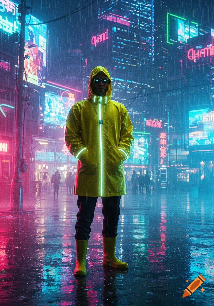 A man in a bright yellow raincoat stands on a rainy cyberpunk city street at night, illuminated by neon lights.