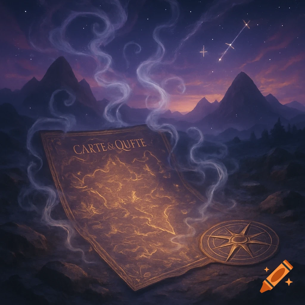 An old, glowing quest map and a compass lie on rocky ground under a starry, purple mountain sky with swirling mist.