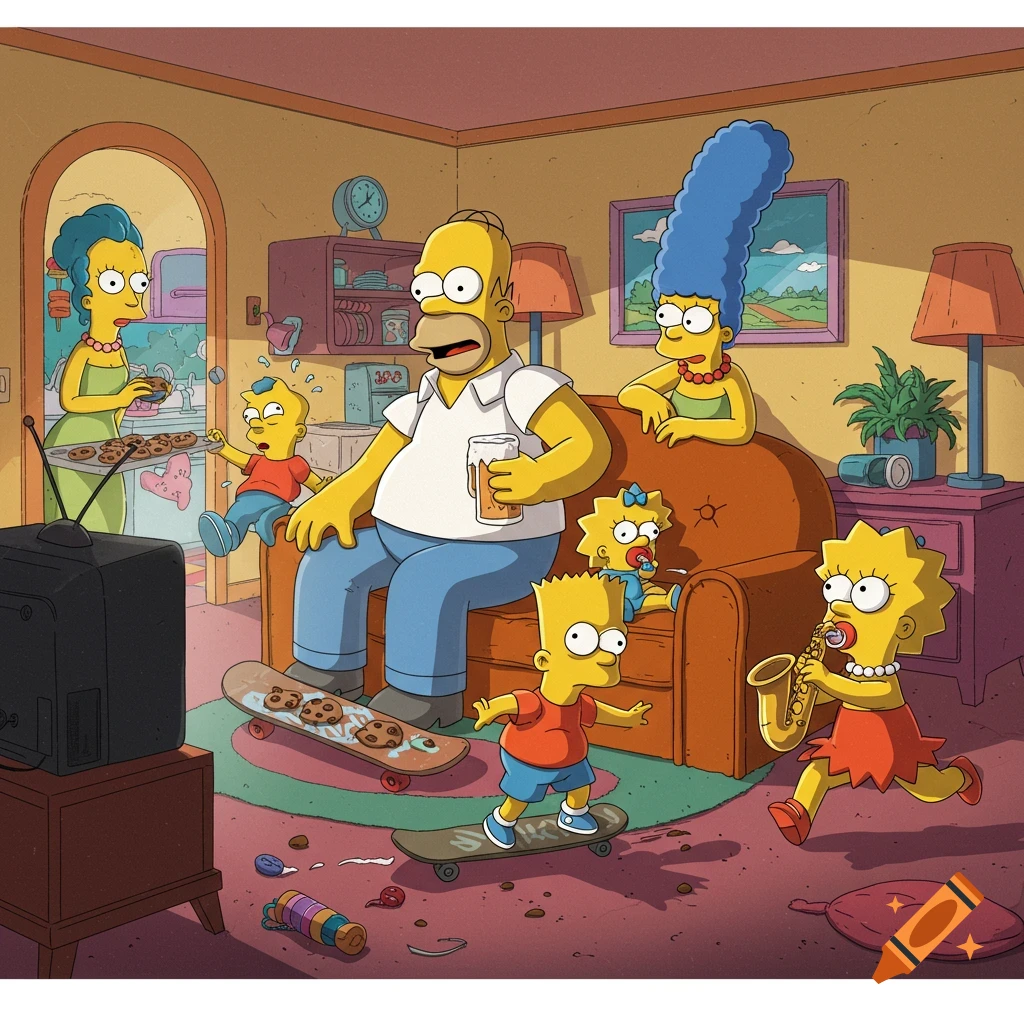 The Simpsons family in their living room: Bart skateboards, Lisa plays saxophone, Homer drinks beer, Marge holds cookies, and Maggie watches.