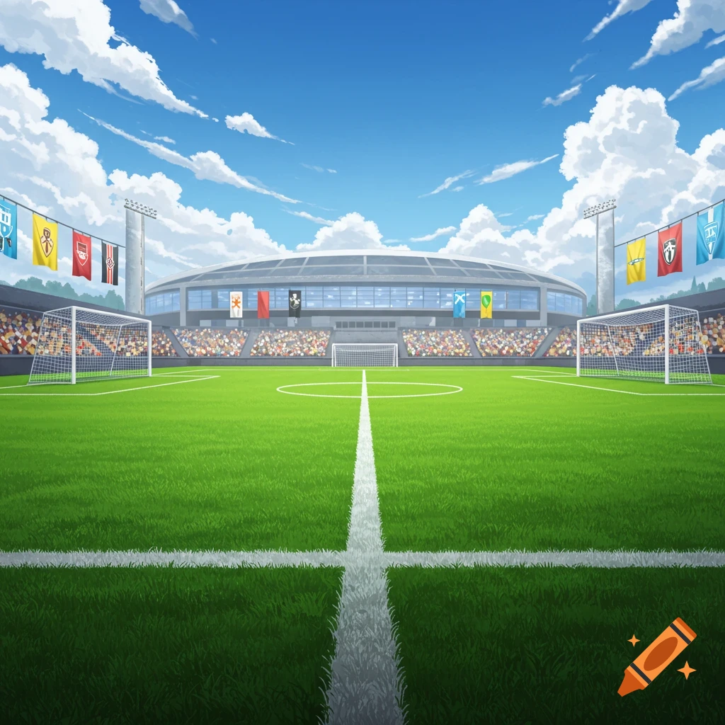Vibrant illustration of an empty soccer stadium field with white lines, goalposts, full spectator stands, and a blue sky.