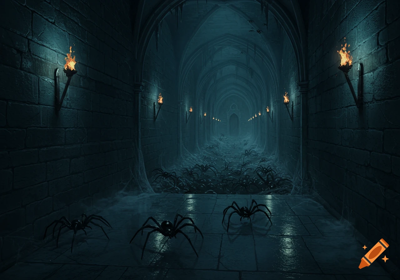 A dark, torch-lit fantasy corridor in a labyrinth, filled with countless spiders and webs.