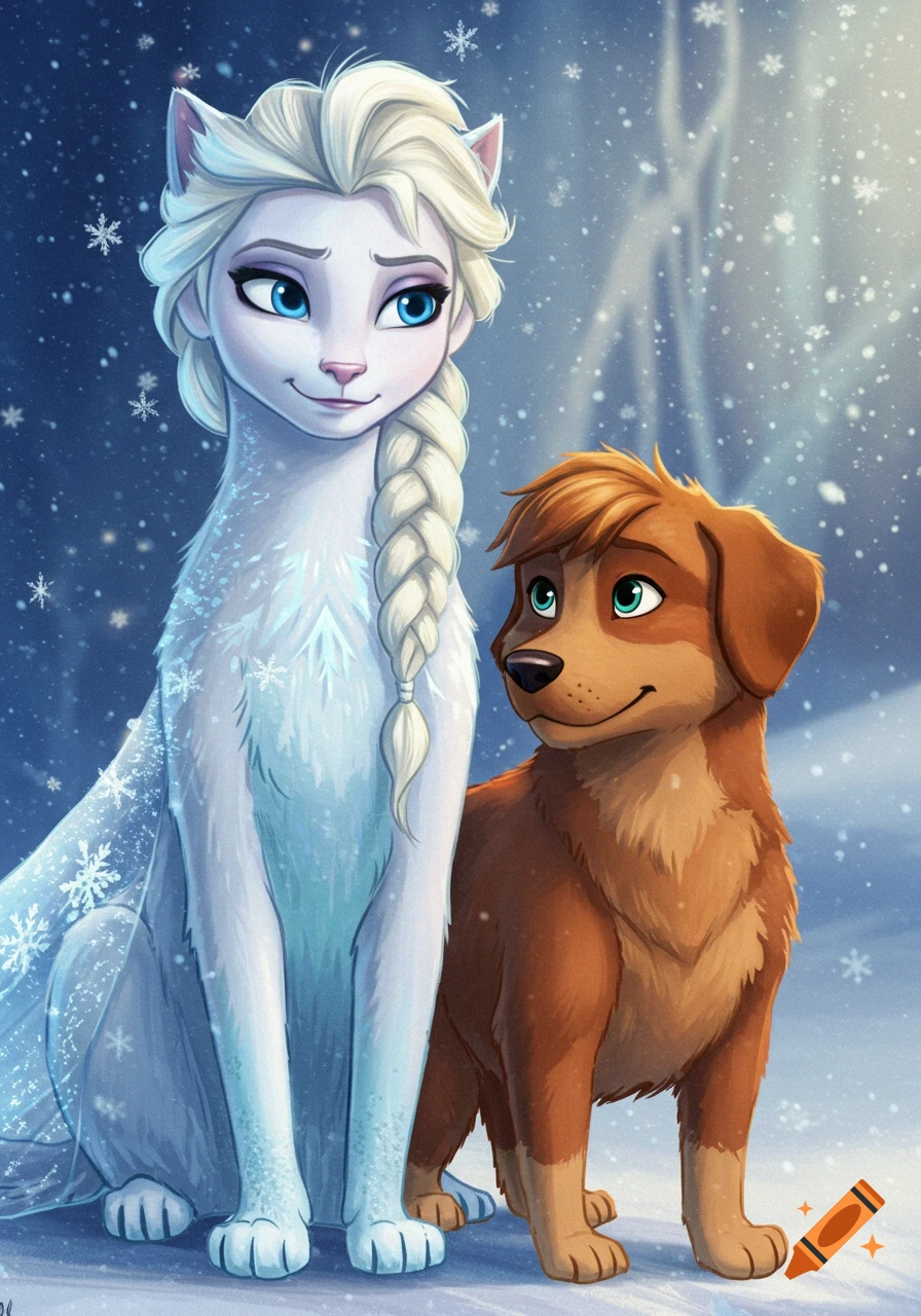 Elsa from Frozen as a white cat-like creature with a braided ponytail and Anna as a brown dog in a snowy wonderland.