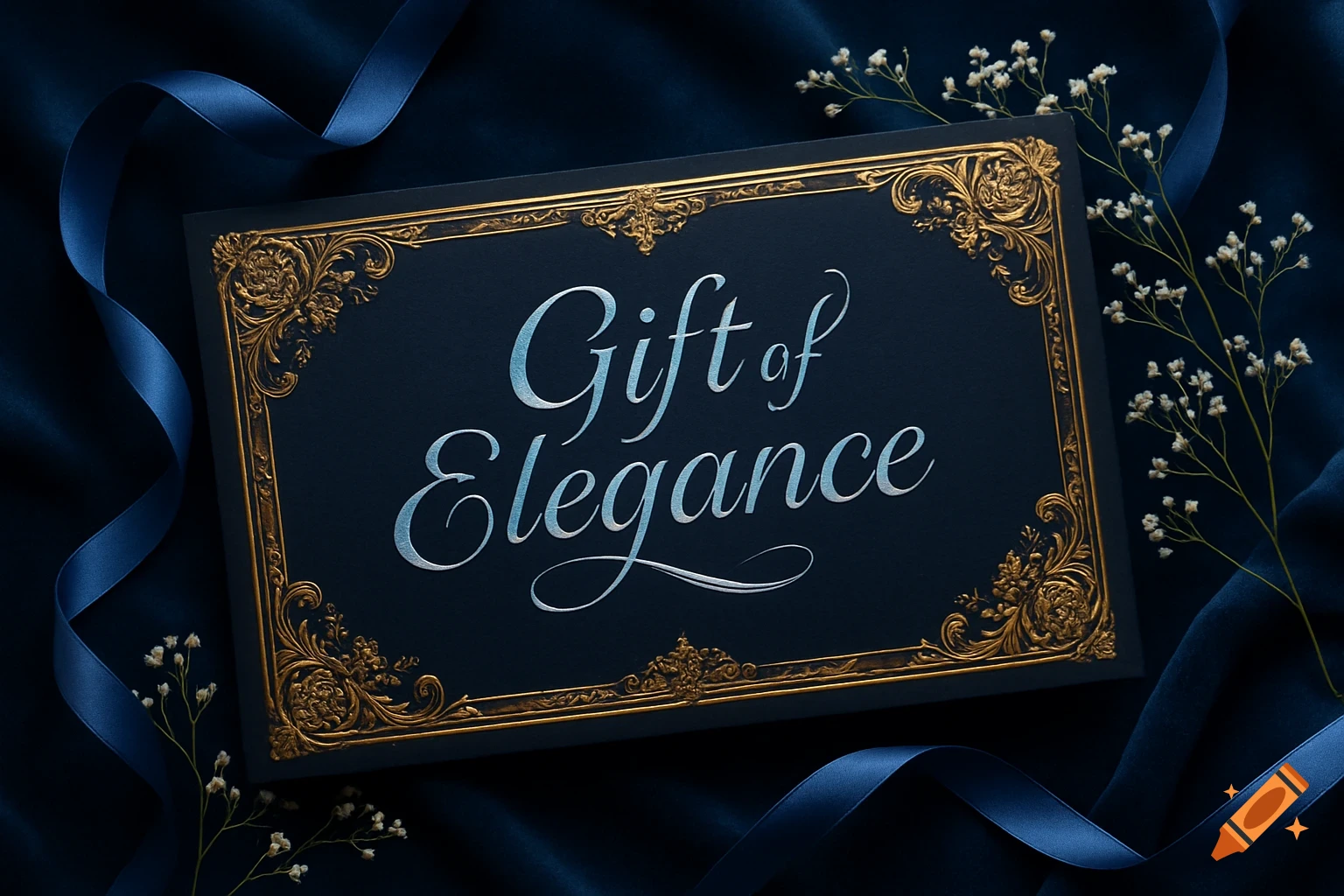 An elegant dark blue gift card with a gold ornate frame, 'Gift of Elegance' text, nestled on blue satin with a ribbon and small white flowers.