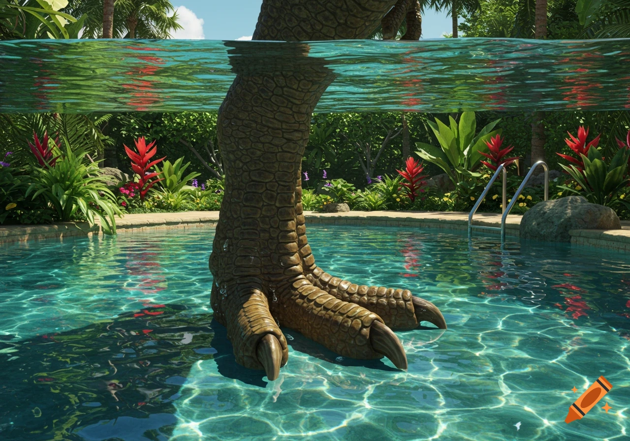 A scaly dinosaur foot stands in a bright blue swimming pool, surrounded by lush green and red tropical foliage under a sunny sky.