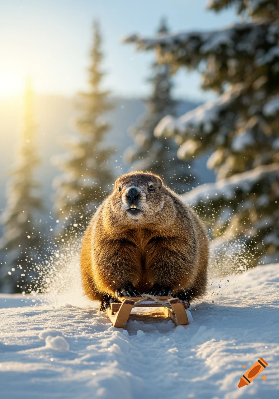 A plump groundhog sleds down a snowy slope, splashing snow, with sunny winter trees in the background.