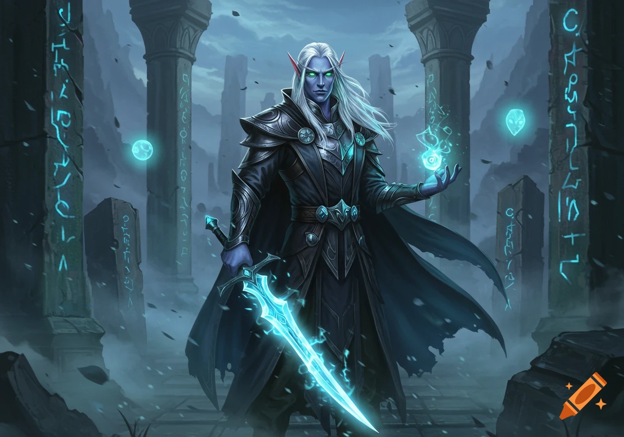 A male high elf warlock with white hair, blue skin, and red ears holds a glowing blue sword and casts a spell in a ruinous, misty landscape with ancient pillars.
