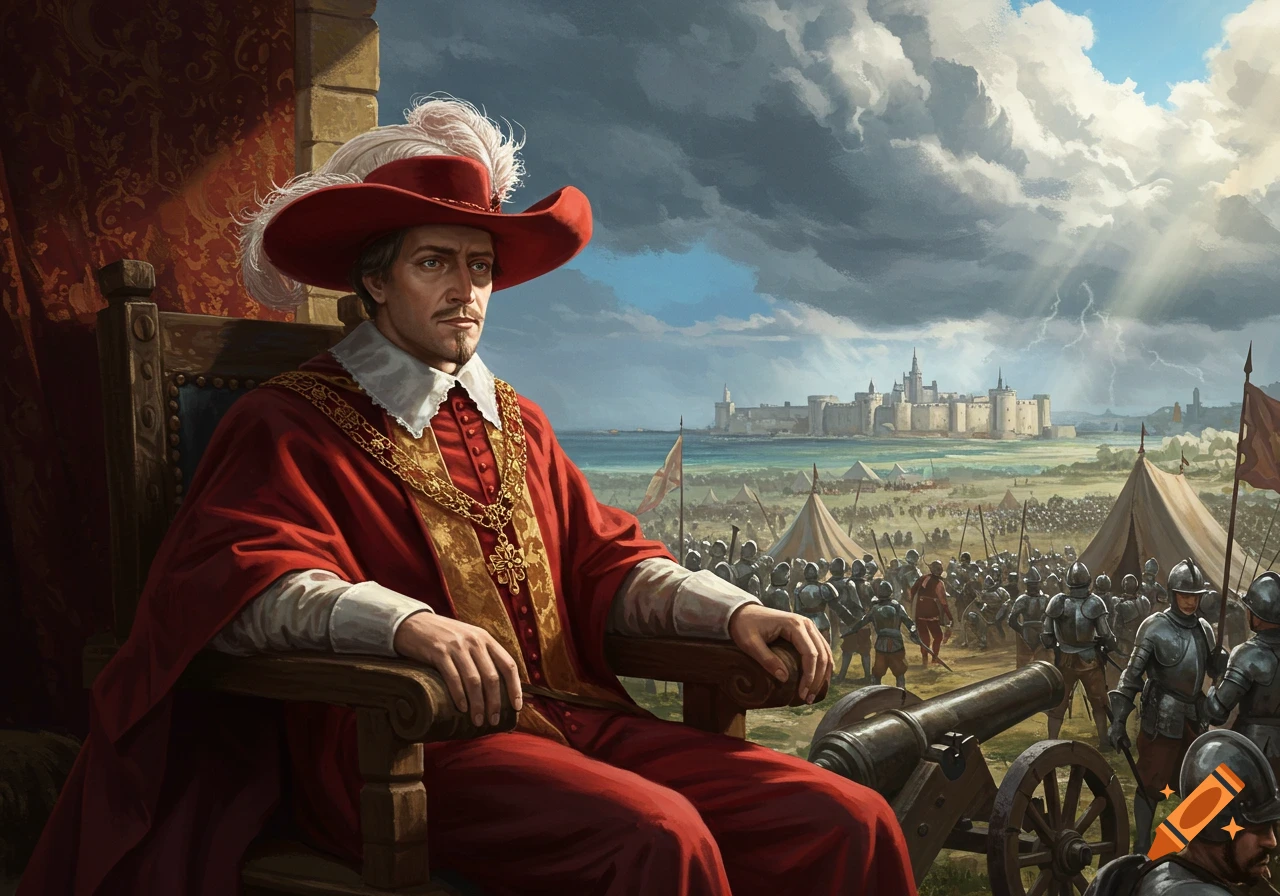 A detailed painting of Cardinal Richelieu in red robes overlooking a military siege of a coastal city under stormy skies.