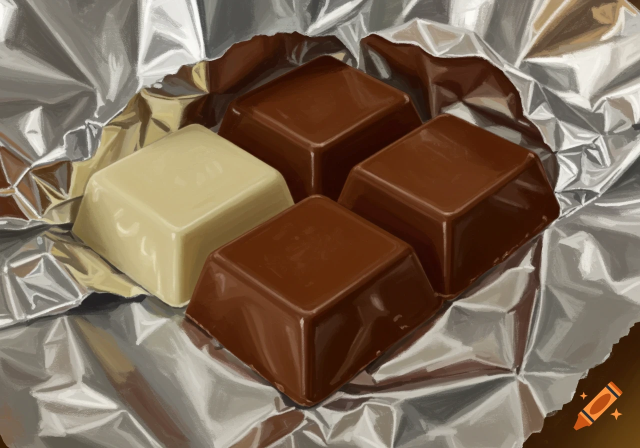 Close-up of three dark chocolate squares and one white chocolate square in a silver foil wrapper.