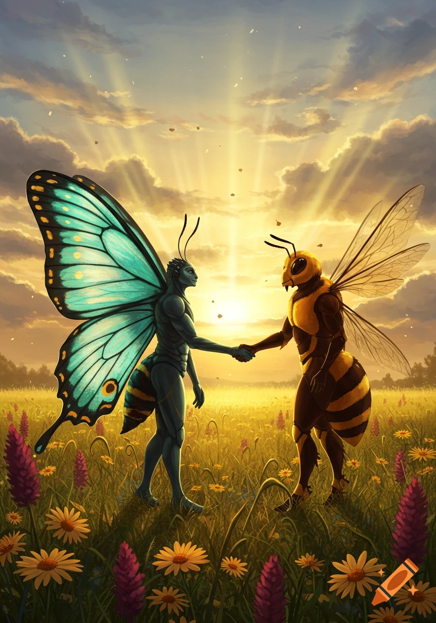 A humanoid butterfly with blue wings shakes hands with a humanoid bee in a vibrant field at sunset.