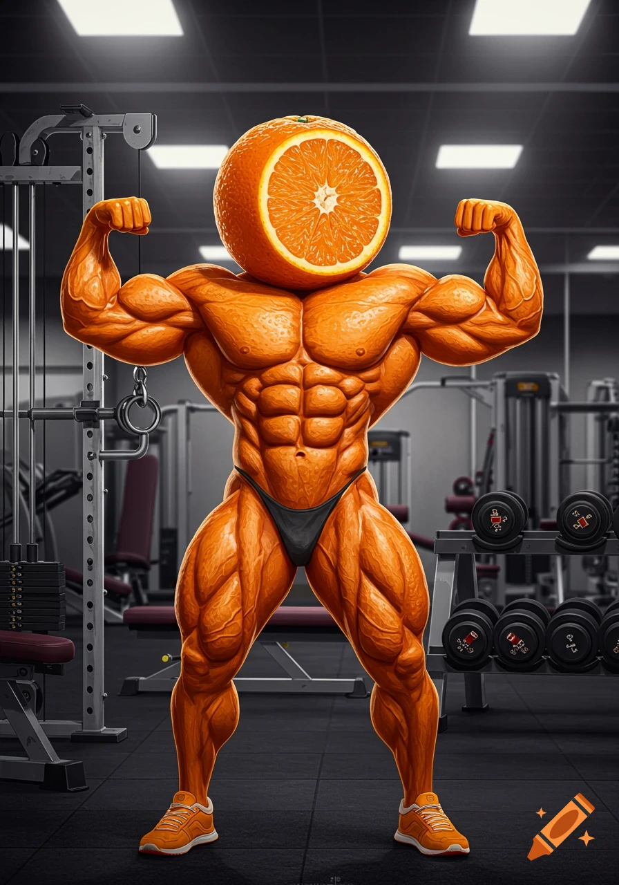 An orange-headed bodybuilder flexing his muscles in a gym, with gym equipment in the background.