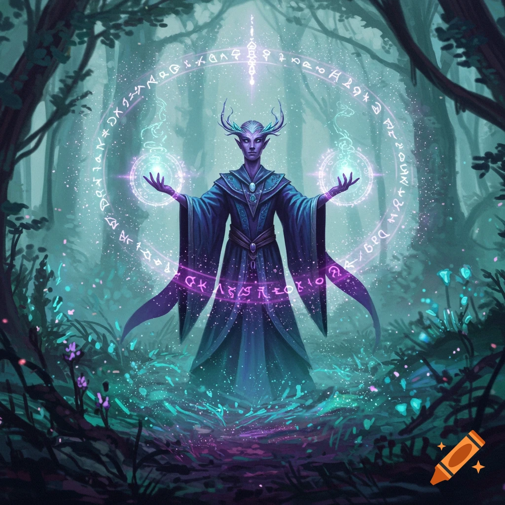 A purple-skinned humanoid figure with antlers and pointed ears, clad in dark robes, wields glowing magic in a mystical forest. Purple and teal light emanates from a circular runic spell and floating orbs in its hands.