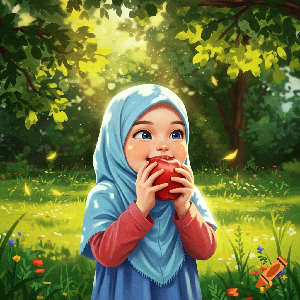 A cartoon illustration of a happy little girl in a blue hijab and dress, biting a red apple in a sun-dappled green forest.