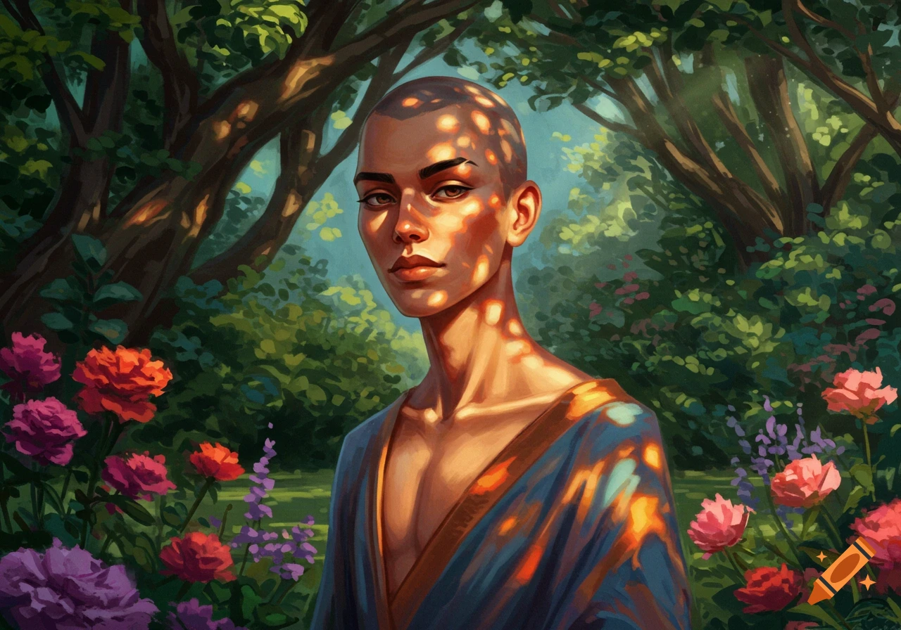 Stylized painting of a bald, androgynous person in a blue robe, standing in a lush, sun-dappled garden with colorful flowers.