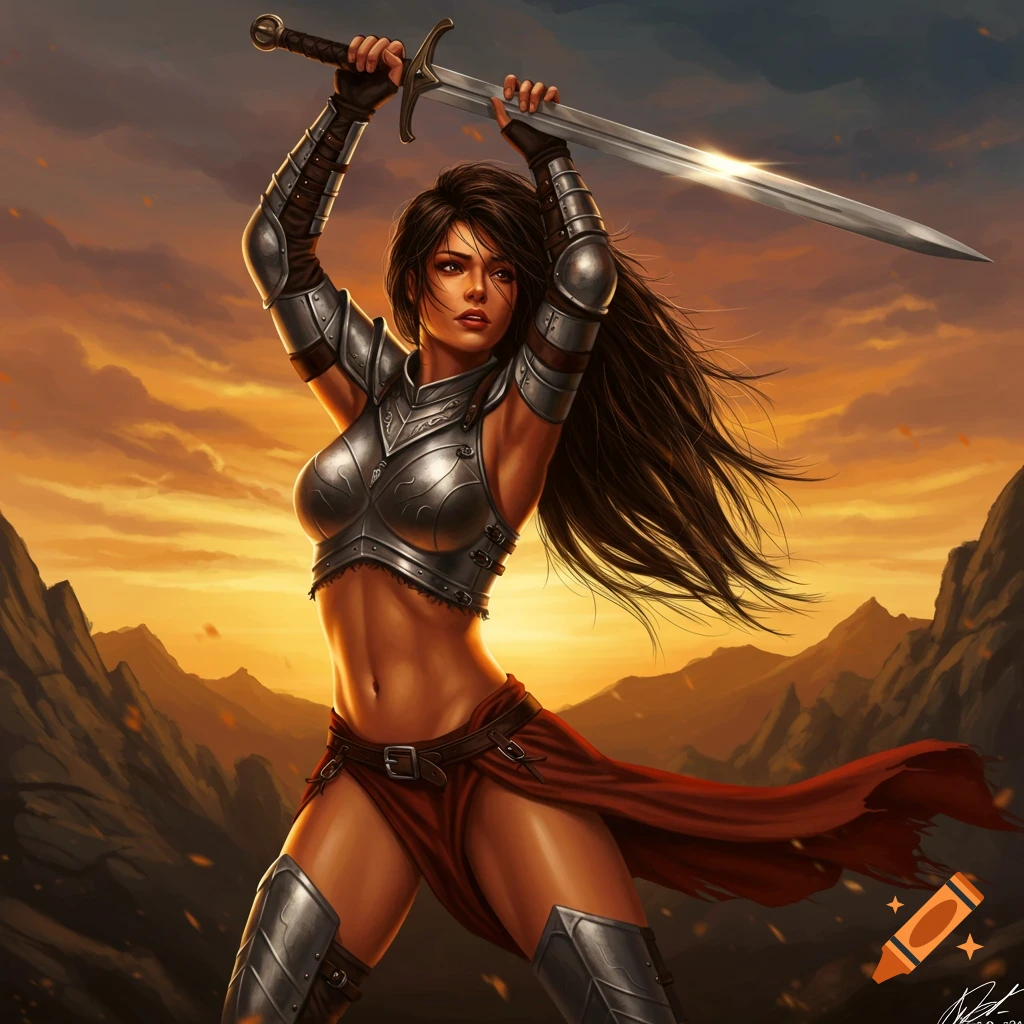Female warrior in ornate fantasy armor holding a sword aloft against a fiery sunset mountain landscape, digital art.