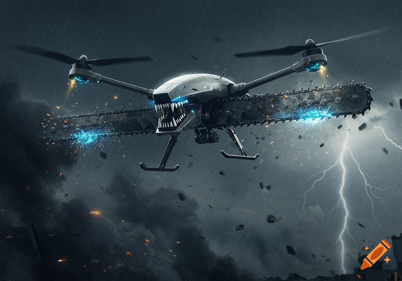 Menacing drone with glowing blue eyes, shark teeth, and chainsaw arms flying in a stormy sky with lightning.